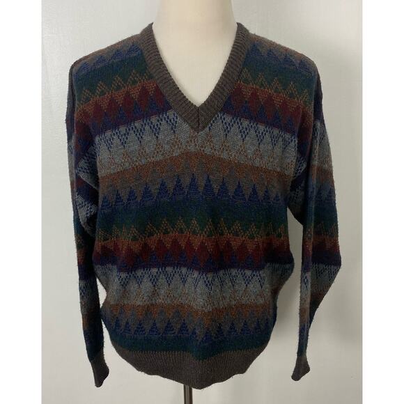 VTG Van Heusen v-neck acrylic stripe geometric print grandpa knit sweater L - Picture 1 of 4